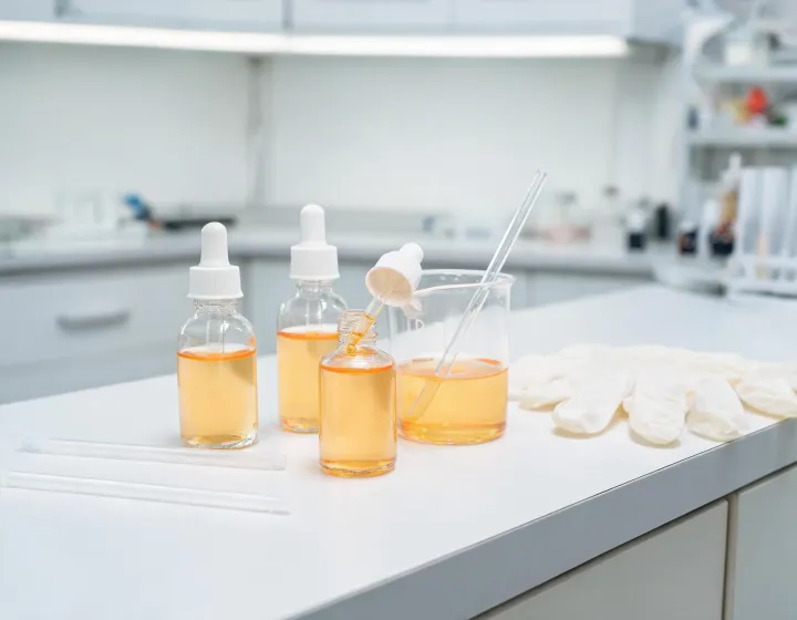 Vitamin C Serum Sourcing on a cosmetics bench, illustration only