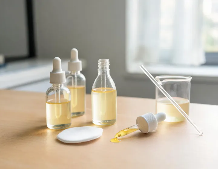 benefits of vitamin c serum on a cosmetics bench, illustration only