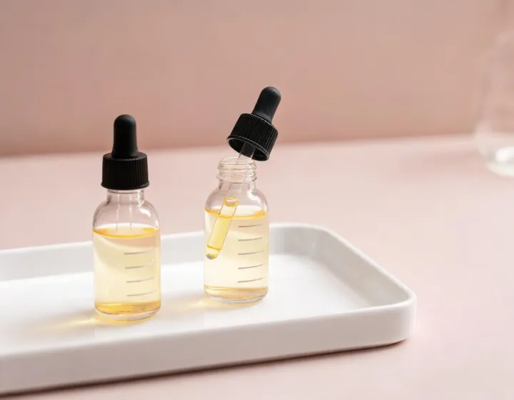 Vitamin c serum bottles on a lab tray, illustration only