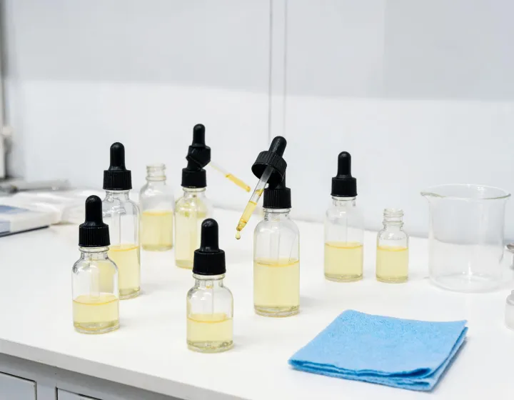 vitamin c serum for dark spots on a cosmetics bench, illustration only